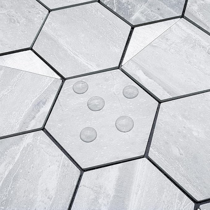 DICOFUN Hexagon Tile Peel and Stick Backsplash, Grey Marble Look PVC Mixed Silver Metal Mosaic Tiles, Pack of 1