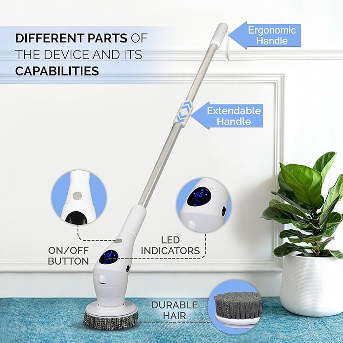 Electric Spin Scrubber, Cordless Power Brush with 8 Multi-Functional Heads, 3 Adjustable Speeds, IPX7 Waterproof, LED Display, Long Handle (13.8"-51"), Perfect for Bathroom, Tile, Kitchen, Car
