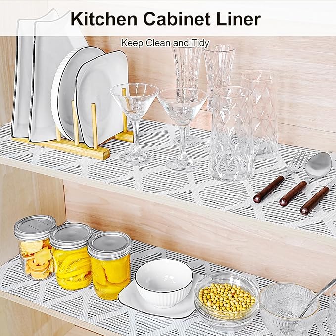 Drawer and Shelf Liner for Kitchen Cabinet,Non-Adhesive Cabinet Liner 24in x 30FT,Waterproof Shelf Paper Non-Slip Mats Cupboard Liner Contact Protect Dresser/Shelves/Table-Square Stripes