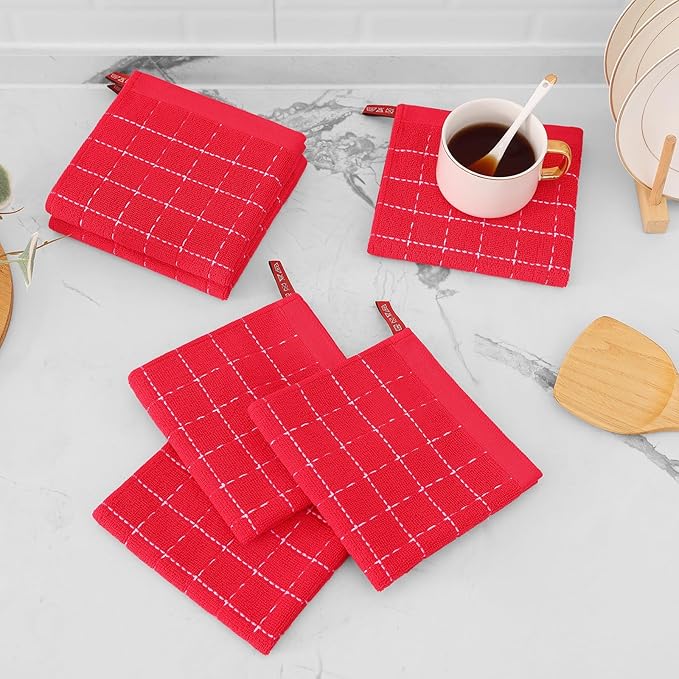 Mordimy 100% Cotton Terrycloth Kitchen Towels and Dishcloths Sets, Soft and Absorbent Checkered Dish Towels, Quick Drying Dish Rags for Washing Dishes, 4 Pack 16" x 26" & 4 Pack 12" x 12", Red