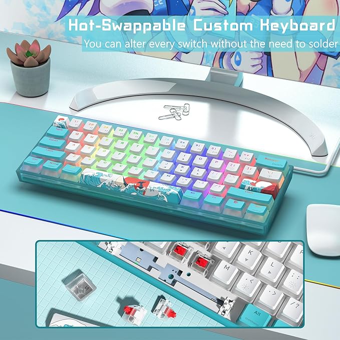 Womier 60% Percent Keyboard,WK61 V2 Mechanical RGB Wired Gaming Keyboard,Hot-Swappable Creamy Key Board with PBT Keycaps,Linear Red Switch for Windows/MAC (Blue)