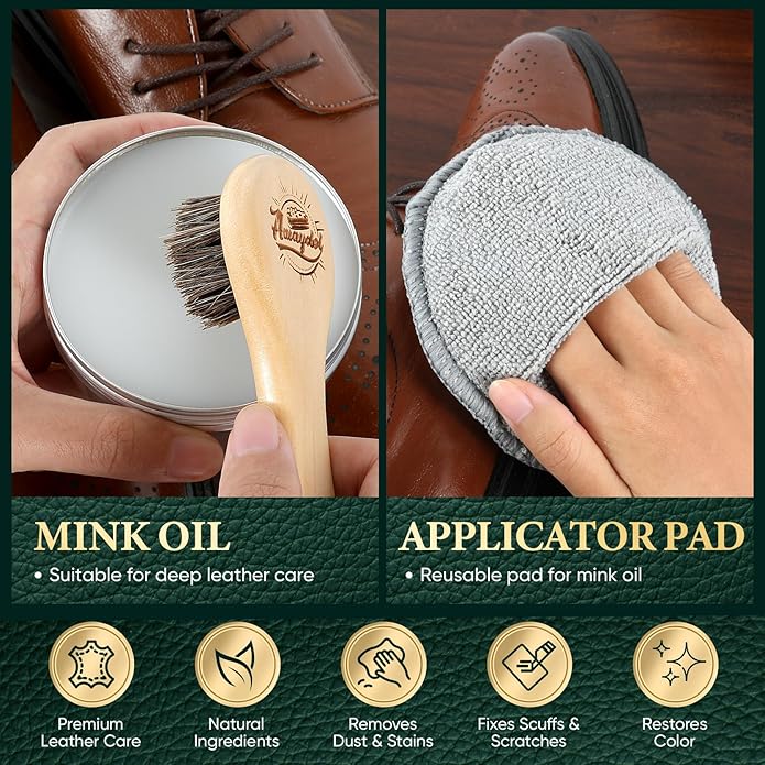 Leather Boot Care Kit - Mink Oil,Saddle Soap,Horsehair Brushes,Applicator & Microfiber Cloth,Flannel bag,Leather Work Boots Cleaning,Shoe boot Shine Cleaning Kit Gift for Cowboy Husband Dad