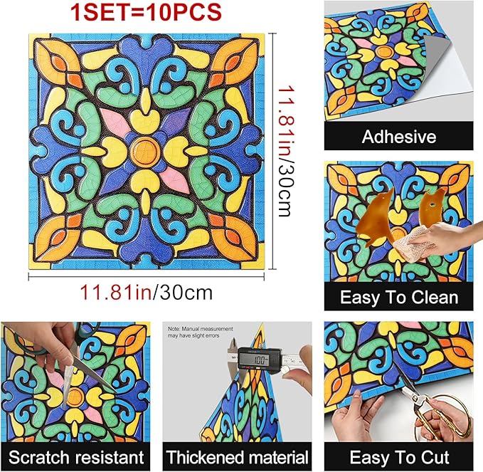 10PCS 12x12 Inch Spanish Mosaic Peel and Stick Floor Tiles Removable Self Adhesive Vinyl Flooring Stickers for Kitchen Balcony Bathroom Patio Decor