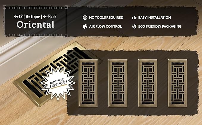 Decor Grates (4-Pack) AJH412-A Oriental Floor Register, 4x12 Inches, Antique Brass Finish