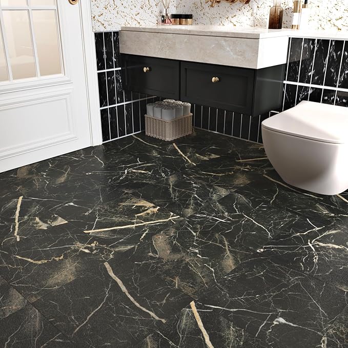 Matte Black Marble Peel and Stick Floor Tile Waterproof Vinyl Sheet Flooring for Bathroom Marble Black Flooring Tile 5PCS Self Adhesive Laminate Stick on Floor Tiles Sticky Panels for Kitchen 12x12 IN