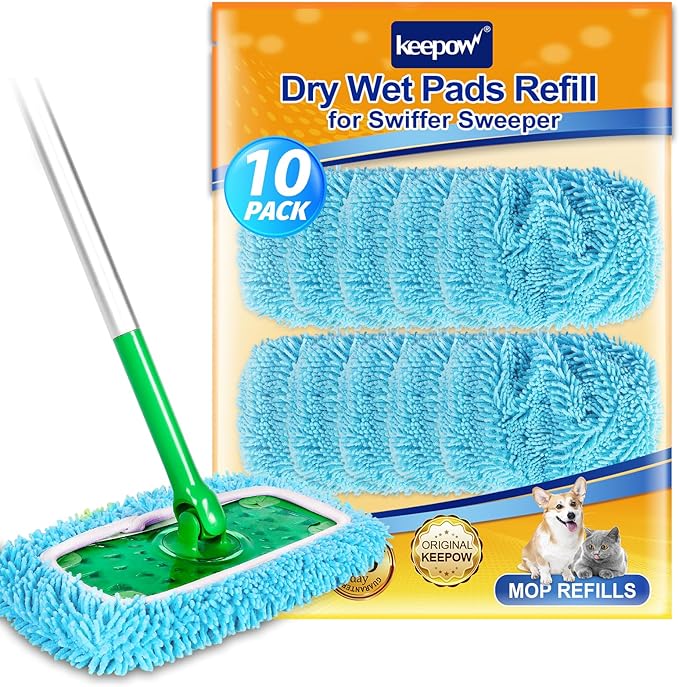 KEEPOW Wet Pads Refill Compatible with Swiffer Sweeper Mop and Sweep & Mop Deluxe, Dry Sweeping Cloths for Floor Mopping and Cleaning - Pet Heavy Duty Pads Refills, Upgraded Reusable (10 Pack)