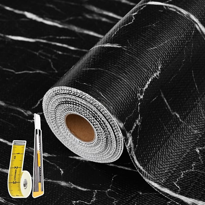 Drawer and Shelf Liner for Kitchen Cabinet: 17 in X 30 Ft Non Slip Waterproof Shelf Paper Non Adhesive Refrigerator Liners Black Marble Easy Liners for Bathroom with Knife Tape Measure