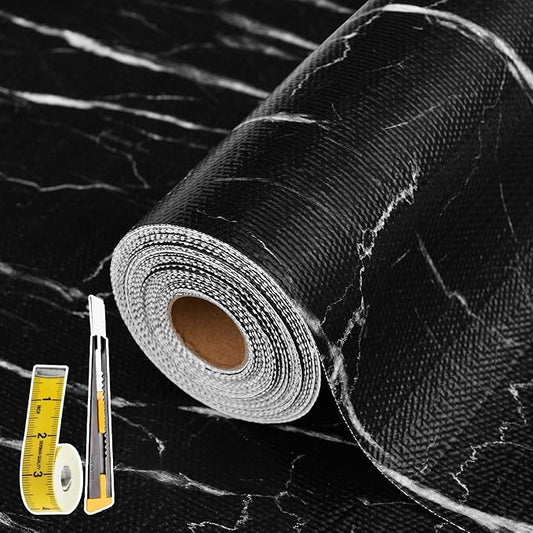 Drawer and Shelf Liner for Kitchen Cabinet: 23 in X 20 Ft Non Slip Waterproof Shelf Paper Non Adhesive Refrigerator Liners Black Marble Easy Liners for Bathroom with Knife Tape Measure