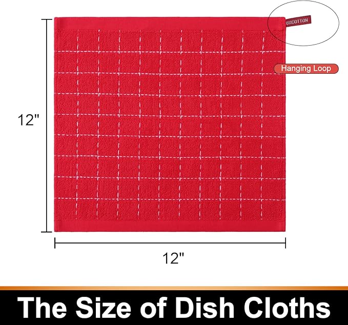 Mordimy 100% Cotton Terry Cloth Dish Cloths, Soft and Absorbent Checkered Dish Towels, Quick Drying Dish Rags for Washing Dishes, 8 Pack, 12 x 12 Inches, Red