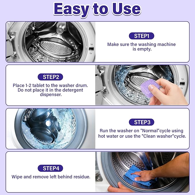 30 Pack Washing Machine Cleaner Tablets, Deep Cleaning for HE, Front＆Top Loader Washer, Natural Fresh Formulared for Pet Owners, Heavy Duty, Septic Safe (Over 12 Month Supply), 15G, Purple