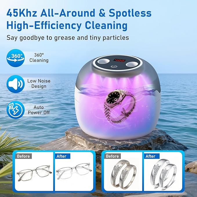 Ultrasonic Jewelry Cleaner | 45KHz Ultrasonic Cleaner Machine with 4 Modes & Digital Timer Display | Low-Noise 360° Cleaning for Makeup Brushes, Glasses, Necklaces, Rings | Stainless Steel Tank