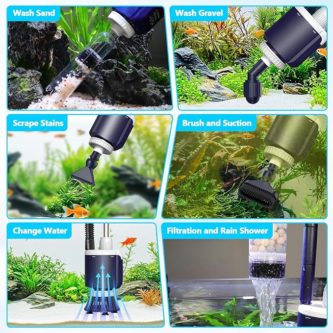 AQQA DC Fish Tank Cleaner, Electric Aquarium Water Changer with 6-in-1 Cleaning Heads & 3-Stage Filter Cup – Stainless Steel Handle Gravel Vacuum for Fish & Turtle Tanks, Adjustable Flow 34W 600GPH