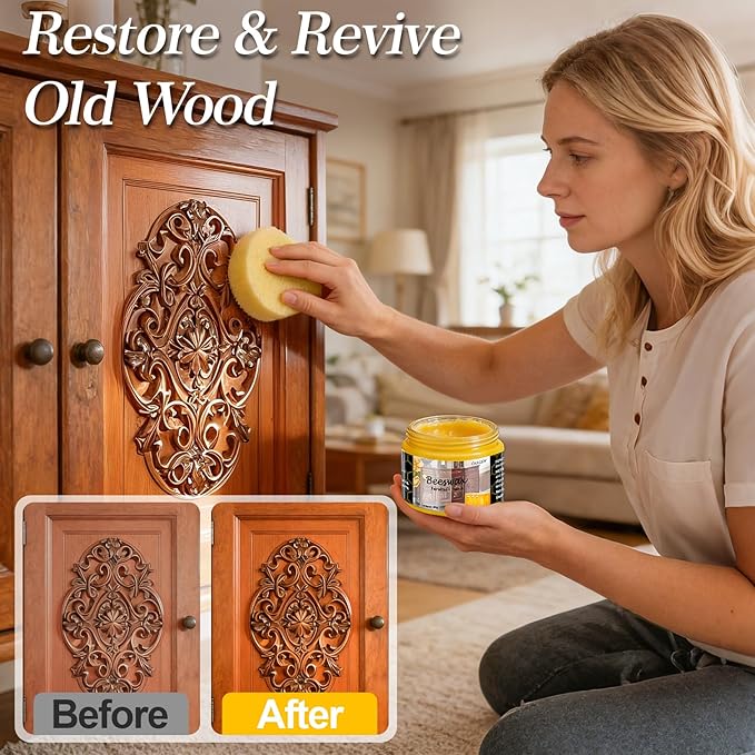 CARGEN Beeswax Furniture Polish, Wood Seasoning Beeswax for Furniture Wood Wax for Dining Table Floor Doors Chairs Cabinets to Protect and Care 5pcs Beeswax Polish and 3pcs Sponges