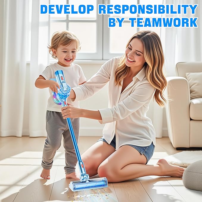 4-in-1 Kids Toy Vacuum That Works with Suction, Electric Toy Toddler Vacuum Cleaner for Children Ages 3 4 5 6+ Boys & Girls,Toddlers Toys Cleaning Set for Pretend Play (Light Blue)