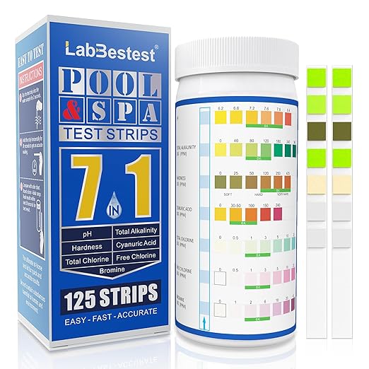 Pool Spa Hot Tub Test Strips - 125 Pool Spa Test Strips - Swimming Pool Water Testing Kit - Rapid Accurate Easy to Test pH, Hardness, Cyanuric Acid, Chlorine, Bromine, and More (7-Way)