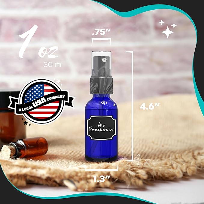 Nevlers Blue Glass Small Spray Bottle 1 Oz 48 Pack | Leakproof Glass Spray Bottles for Cleaning & More | Mini Spray Bottle Set w/Shrink Wrap, Funnel, Brush & Labels | Perfume Travel Refillable Bottles