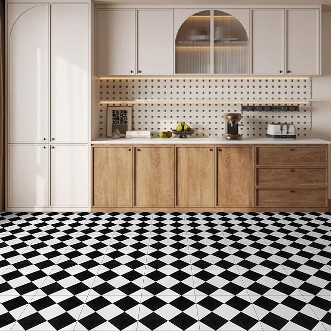 Elffloor Peel and Stick Floor Tile: 20pc 11.8 * 11.8in Self-Adhesive Waterproof Vinyl Flooring Black and White Tiles Sticker for Bathroom, Kitchen, Bedroom, Living Room