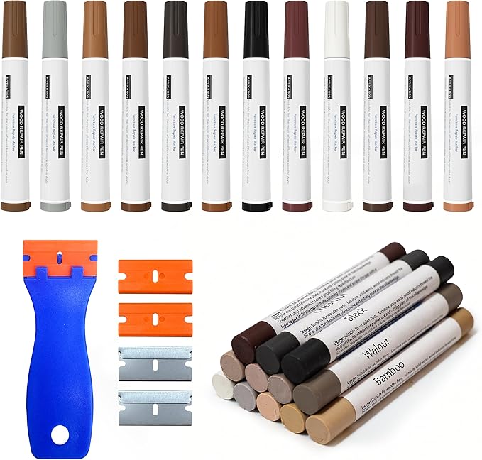 Oriflame Wood Furniture Repair Kit: 12-Color Furniture Markers Touch Up & 12-Color Wood Filler Sticks for Scratches/Stains/Cracks/Holes in Floors/Table/Cabinets/Door(Hardwood/Laminate)