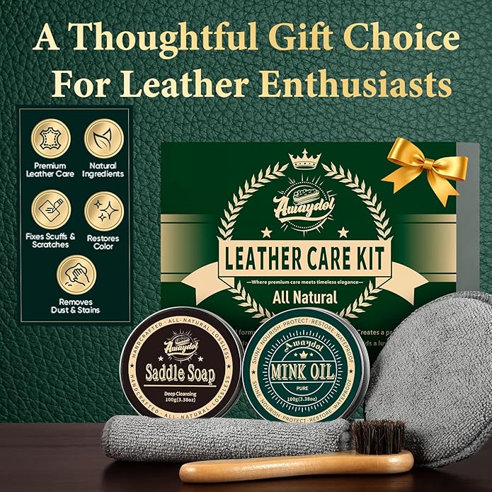 Leather Boot Care Kit - Mink Oil,Saddle Soap,Horsehair Brushes,Applicator & Microfiber Cloth,Flannel bag,Leather Work Boots Cleaning,Shoe boot Shine Cleaning Kit Gift for Cowboy Husband Dad