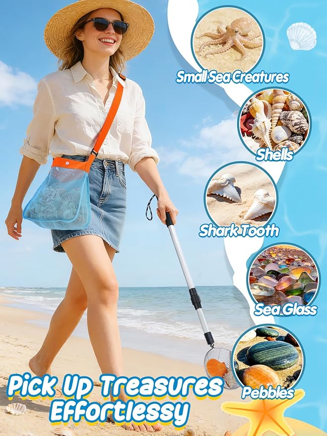 1 Pack Sand Sifter with Seashell Bags - 21.6"~33" Adjustable Shark Tooth Sifter for The Beach Seashell Collecting, Mesh Shovel Scooper with Retractable Handle, Beach Toys for Adults Family Kids