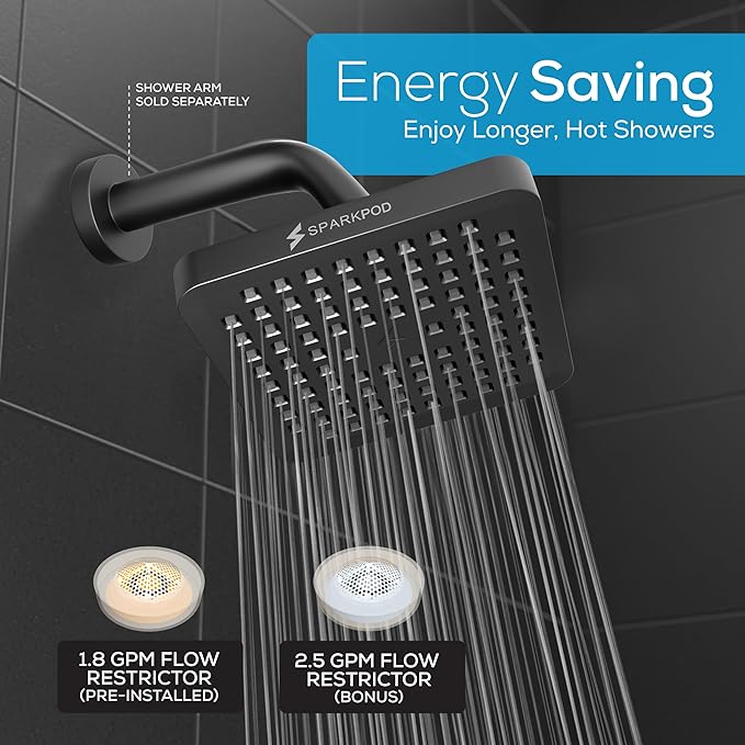 SparkPod Shower Head - High Pressure Rain - Premium Quality Luxury Design - 1-Min Install - Easy Clean Adjustable Replacement for Your Bathroom Shower Heads (Midnight Black Matte, 6 Inch Square)
