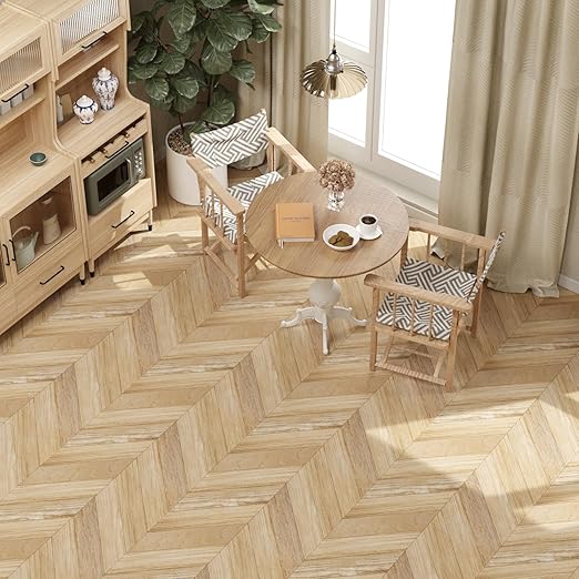 Oxdigi Peel and Stick Herringbone Vinyl Flooring Roll 23"x 118"/19 Sq.Ft, Self Adhesive Vinyl Floor Tiles Wood Plank Flooring Waterproof Wear-Resistant for Any Room, DIY Floor Coverings, Nature Wood