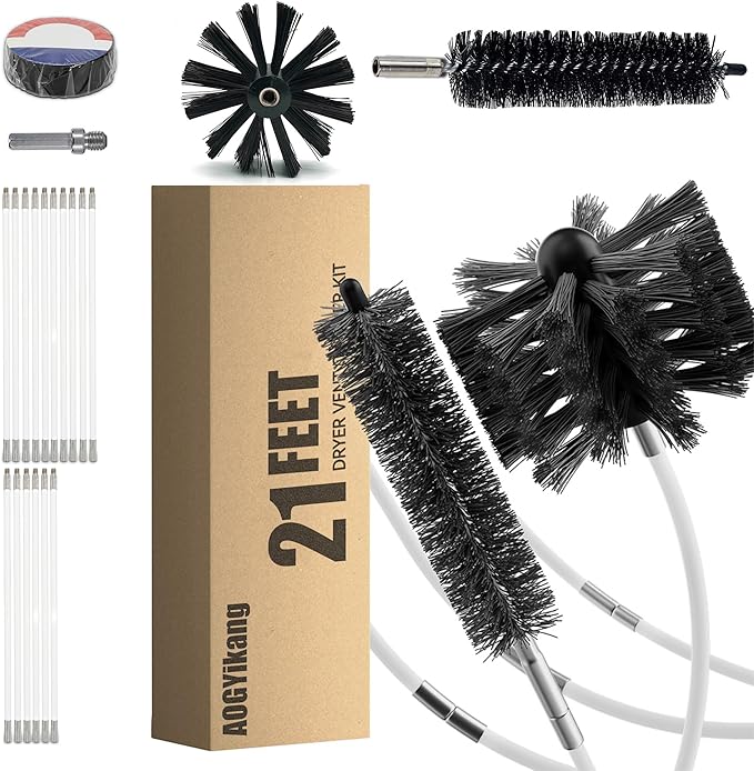 21FT Chimney Brush Kit, Multi-Purpose Dryer Vent Cleaning Brush Kit with 4" Brush Head, Professional Lint Cleaning Accessories for Chimneys, Ducts, Dryers, Crevices