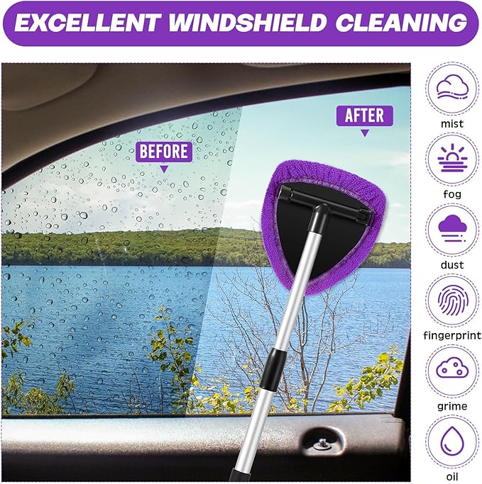 8 Pcs Car Windshield Cleaner Tool Kit with Extendable Handle, Microfiber Towel Pads, Brush, Empty Spray Bottle for Auto Glass Wiper Suvs Rvs & Home Windows(Purple)