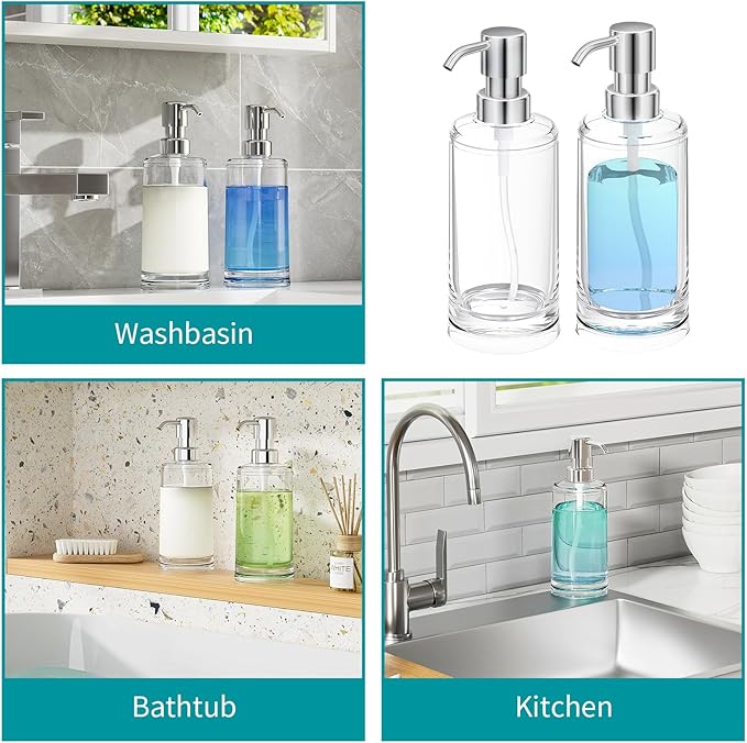 Clear Plastic Dish Soap Dispenser for Kitchen Sink, 10oz Refillable Hand Soap Dispenser for Bathroom Countertop, Modern Soap Bottle with Rust Proof ABS Pump
