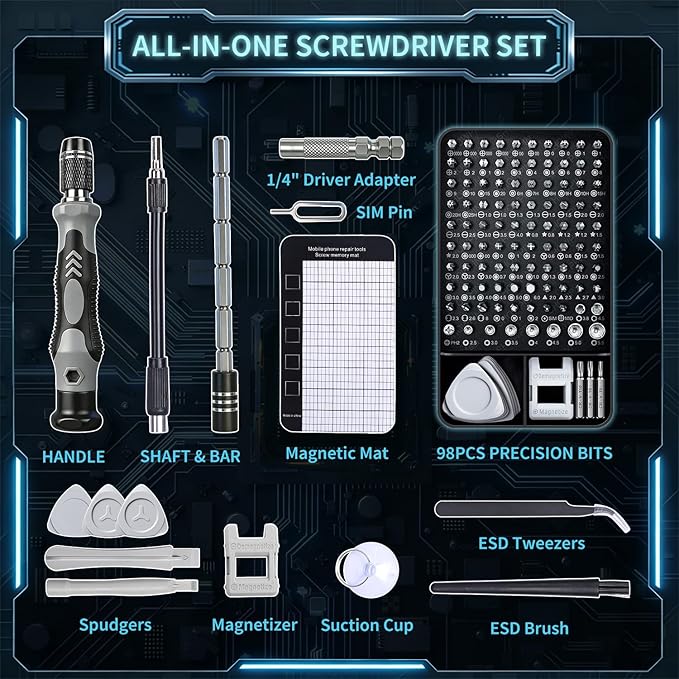 SHOWPIN 122 in 1 Precision Computer Screwdriver Kit, Laptop Screwdriver Sets with 101 Magnetic Drill Bits, Computer Accessories, Electronics Tool Kit Compatible for Tablet, PC, iPhone, PS4 Repair