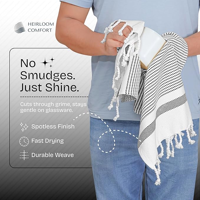 Black Turkish Kitchen Towels 16x26 Inch, 12 Pack, 100% Cotton, Ultra Absorbent, Soft, Fast Dry, Machine Washable, Dish Towel with Tassels for Drying Dishes, Cleaning, Everyday Use