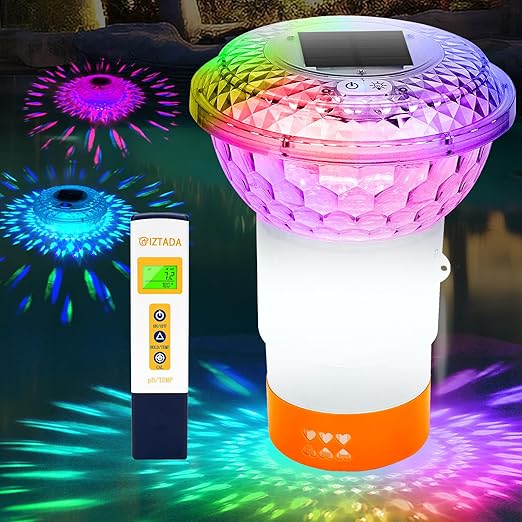 Solar Pool Chlorine Floater with Lights and Pool Water pH Testing Kit, Pool Lights Floater with Hot Tub pH Tester, Adjustable Chlorine Dispenser with Digital Thermometer for Swimming Pool Spas
