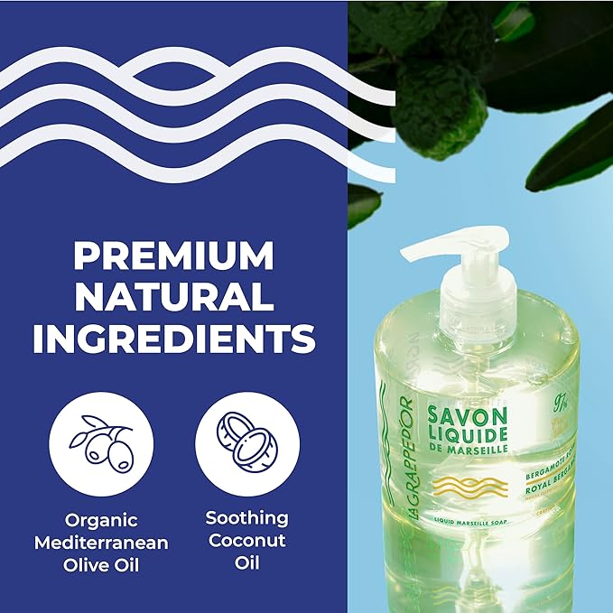 La Grappe d'Or Royal Bergamot Marseille Hand Soap with Essential Oils | Handmade in France from Moisturizing Organic Olive & Coconut Oil | Natural, Cruelty-Free & Vegan, 11.10 oz Liquid