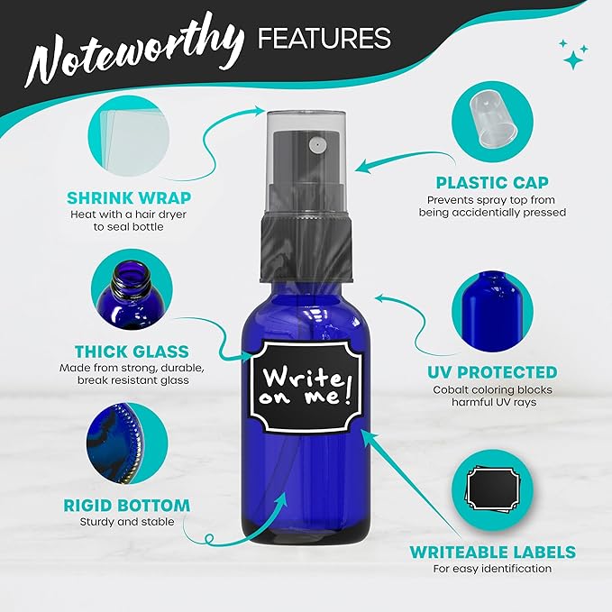 Nevlers Blue Glass Small Spray Bottle 1 Oz 48 Pack | Leakproof Glass Spray Bottles for Cleaning & More | Mini Spray Bottle Set w/Shrink Wrap, Funnel, Brush & Labels | Perfume Travel Refillable Bottles