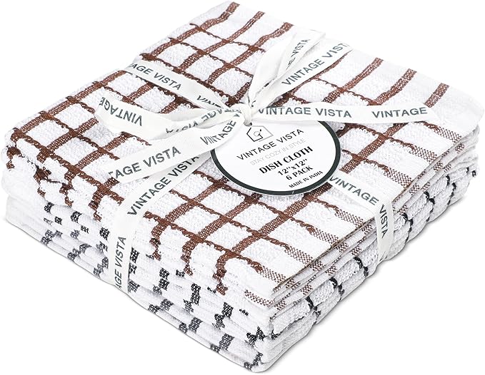 Vintage Vista 100% Cotton Dish Cloths (Pack of 6) - Dish Rags for Washing Dishes - Reusable & Highly Absorbent Kitchen Towels - Kitchen Rags for Christmas - (12" x 12" - Multicolor Checkered)