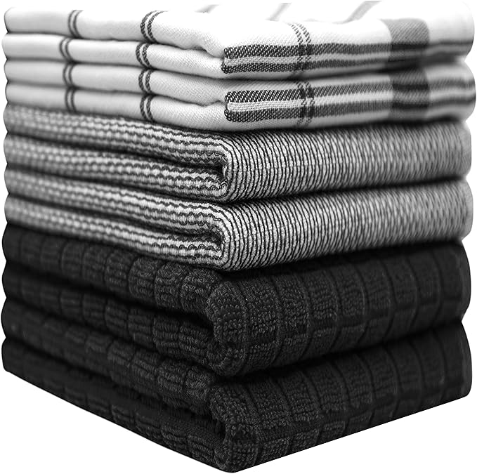 Premium Kitchen Towels (20”x 28”, 6 Pack) | Large Cotton Dish Towels | Flat & Terry Highly Absorbent Kitchen Linen Set with Hanging Loop | Black Check