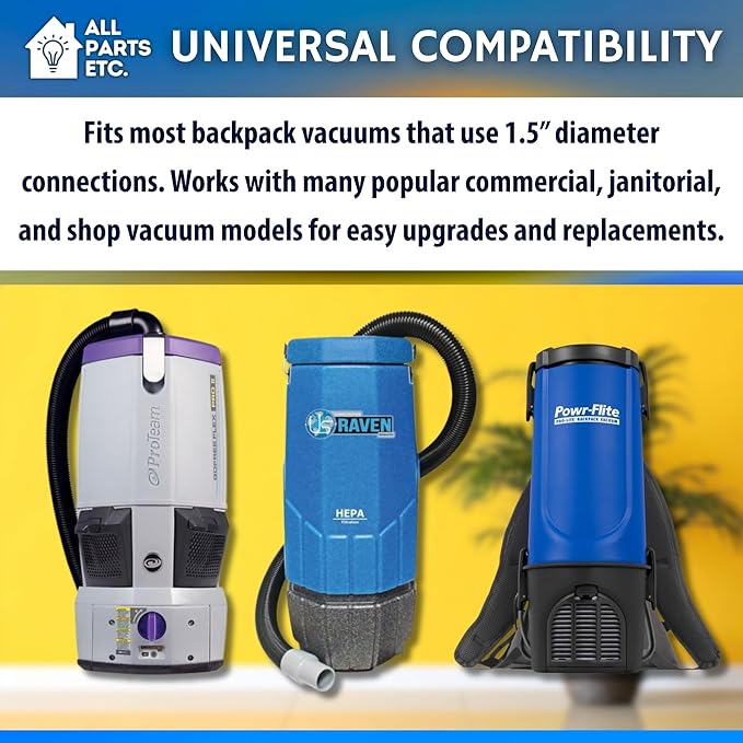 1.5” Backpack Vacuum Accessory Kit Includes Hose, 2-Piece Aluminum S-Wand, 14” Floor & Scallop Brushes, Dust & Upholstery Tools, 15” Crevice Tool, 10-Pack 100331 Vacuum Bags–10 Qt Size
