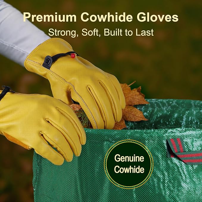 72 Gallon Reusable Yard Waste Bags (3 Pack), Heavy Duty Stand-Up Leaf & Lawn Bags, 150 GSM Woven PP (PE Coated), Double-Layer Bottom, Top & Bottom Reinforced Handles, Cowhide Gloves Included