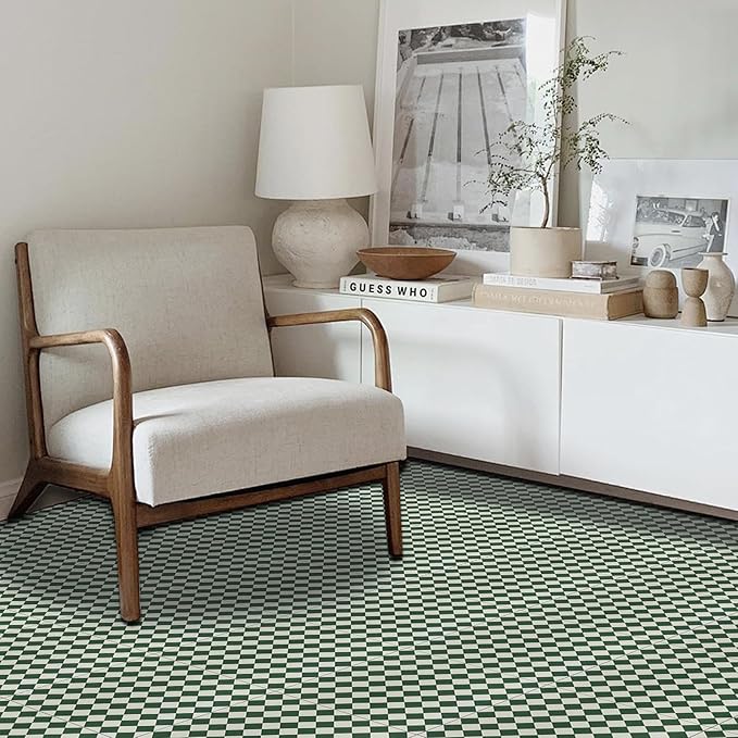 Elffloor Peel and Stick Floor Tile: 30pc 11.8 * 11.8in Self-Adhesive Waterproof Vinyl Flooring Green and White Tiles Sticker for Bathroom, Kitchen, Bedroom, Living Room