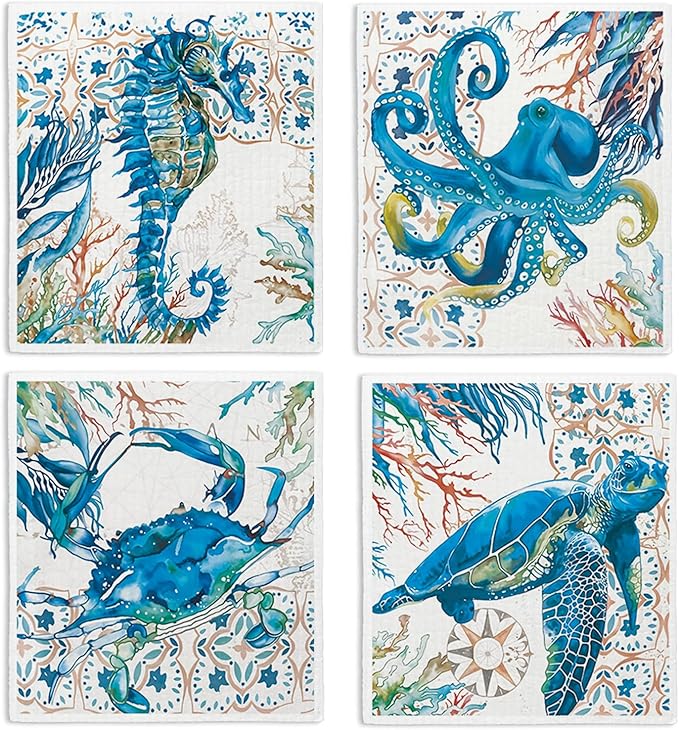Swedish Dishcloths for Kitchen, Summer Coastal Ocean Seahorse Beach Decor Kitchen Dish Towels for Washing Dishes, 4 Pack Reusable Paper Towels, Sponge Cloths for for Home Cleaning Cooking