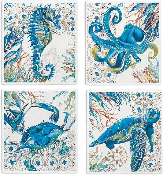 Swedish Dishcloths for Kitchen, Summer Coastal Ocean Seahorse Beach Decor Kitchen Dish Towels for Washing Dishes, 4 Pack Reusable Paper Towels, Sponge Cloths for for Home Cleaning Cooking