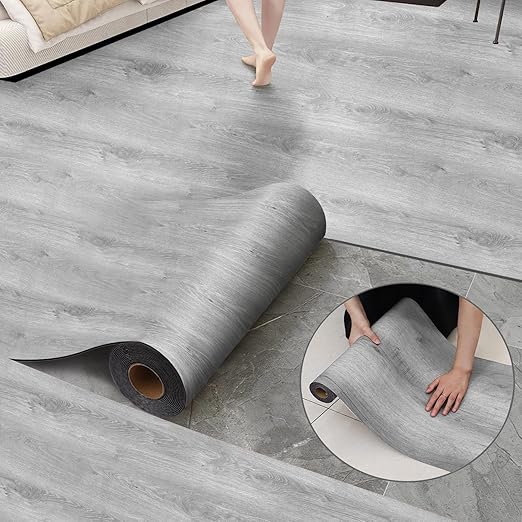 Luxury Thicken Wood Grain Peel and Stick Floor Tiles Self-Adhesive Vinyl Flooring Roll-DIY Easy for Wall and Floor,Hard Surface/Waterproof/Anti Slip (Light Gray Vinyl Flooring, 17.72 "W x 393.7" L)