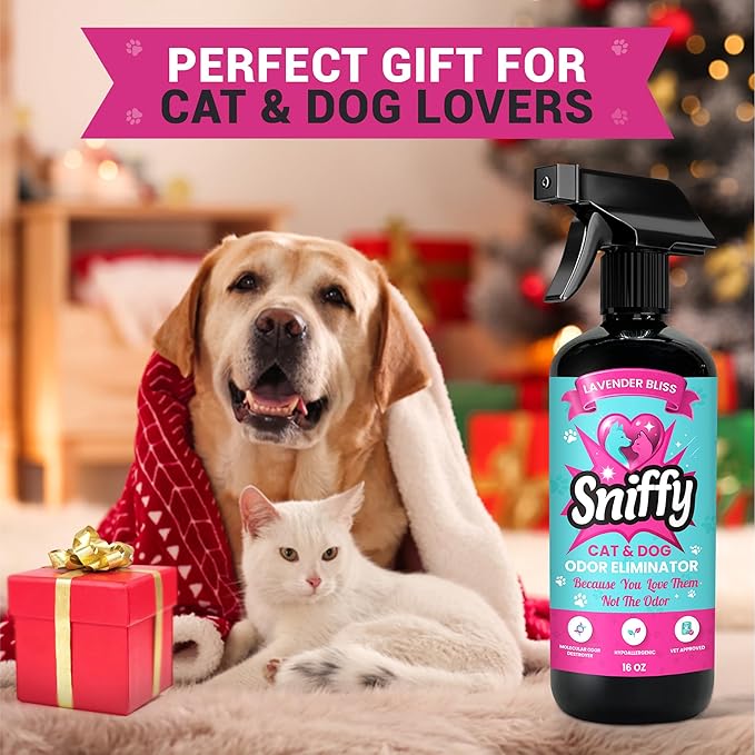 Sniffy Pet Odor Eliminator Spray – Lavender Enzymatic Cleaner for Dog & Cat Urine, Litter Boxes, Carpets & Furniture – Hypoallergenic, Fabric-Safe, Vet-Approved, 2×16 oz Twin Pack, Made in USA