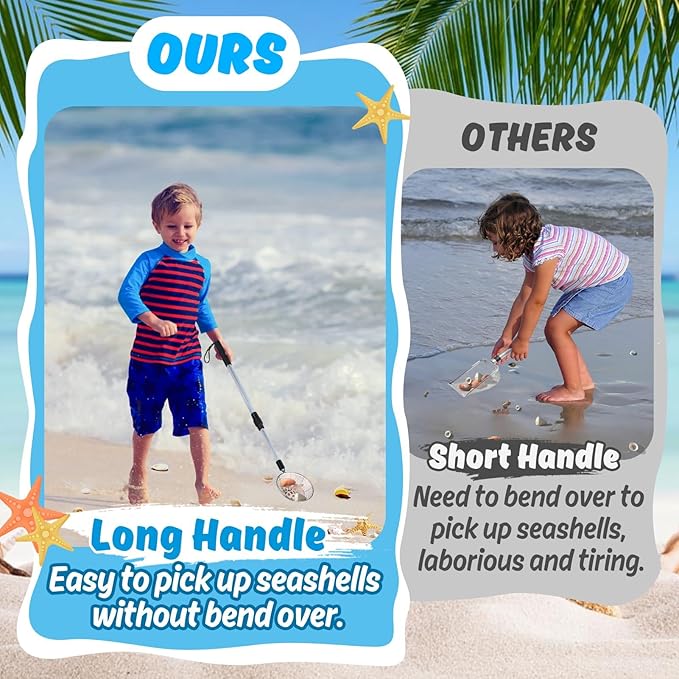 2 Pack Sand Sifter with Seashell Bags - 21.6"~33" Adjustable Shark Tooth Sifter for The Beach Seashell Collecting, Mesh Shovel Scooper with Retractable Handle, Beach Toys for Adults Family Kids
