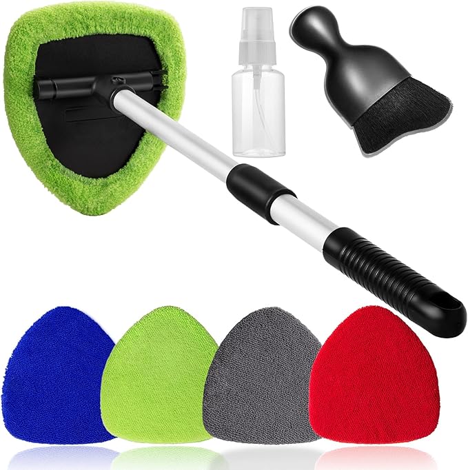 7pcs Windshield Cleaner Tool Car Window Cleaning Wash Kit with 4 Reusable Microfiber Pads 1 Spray Bottle and Extendable Handle Auto Glass Wiper Kit, Multicolor