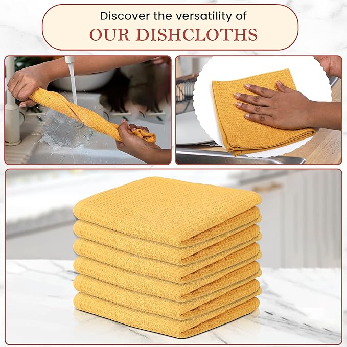 Vintage Vista 100% Cotton Waffle Dish Cloths (Pack of 6) - Dish Rags for Washing Dishes - Reusable & Highly Absorbent Kitchen Towels - Kitchen Rags for Christmas - (12" x 12" - Yellow)