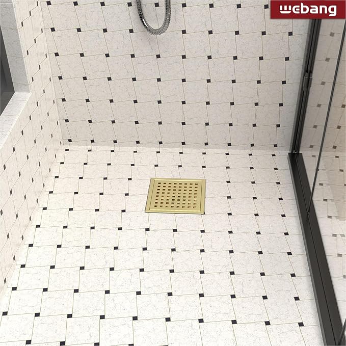 WEBANG 6 Inch Square Shower Floor Drain with Flange,Quadrato Pattern Grate Removable,Food-Grade SUS 304 Stainless Steel,Watermark&CUPC Certified, Brushed Gold