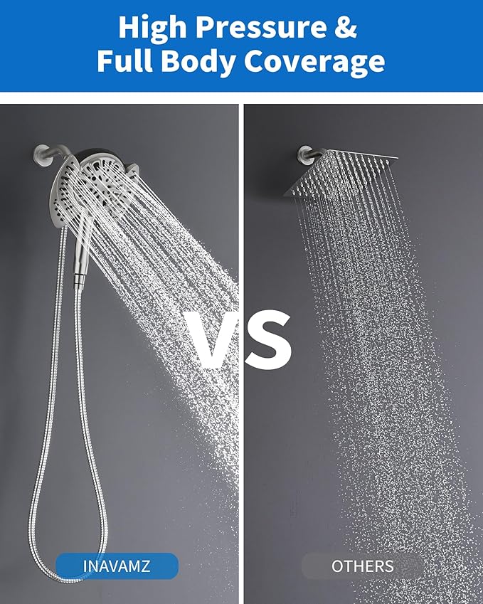 2-in-1 Shower Head with Handheld Combo: Rainfall Shower Head & Detachable Shower Head Use Together or Alone, 9 Spray Settings Showerhead with Hose Nickel, Shower Trim Systems