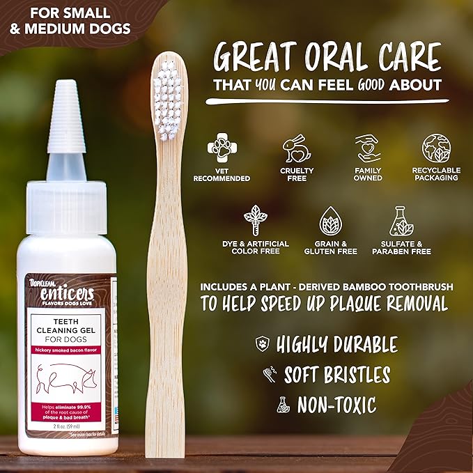 TropiClean Enticers Teeth Cleaning Gel & Toothbrush for S/M Dogs | Hickory Smoked Bacon Flavor | Bamboo Brush Speeds Up Plaque Removal | Gel Helps Fight Bad Breath | 2 oz