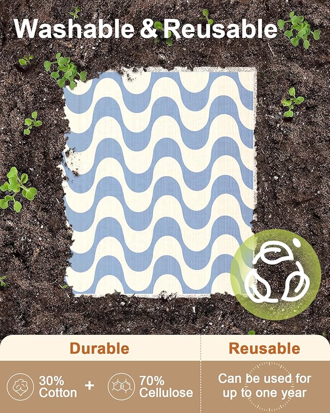 Swedish Dishcloths for Kitchen with Hooks - Reusable Dish Cloths for Washing Dishes Fast Drying Cute Fun 5 Pack Swedish Dish Towels Washable Cleaning Sponge, Blue Geometrical